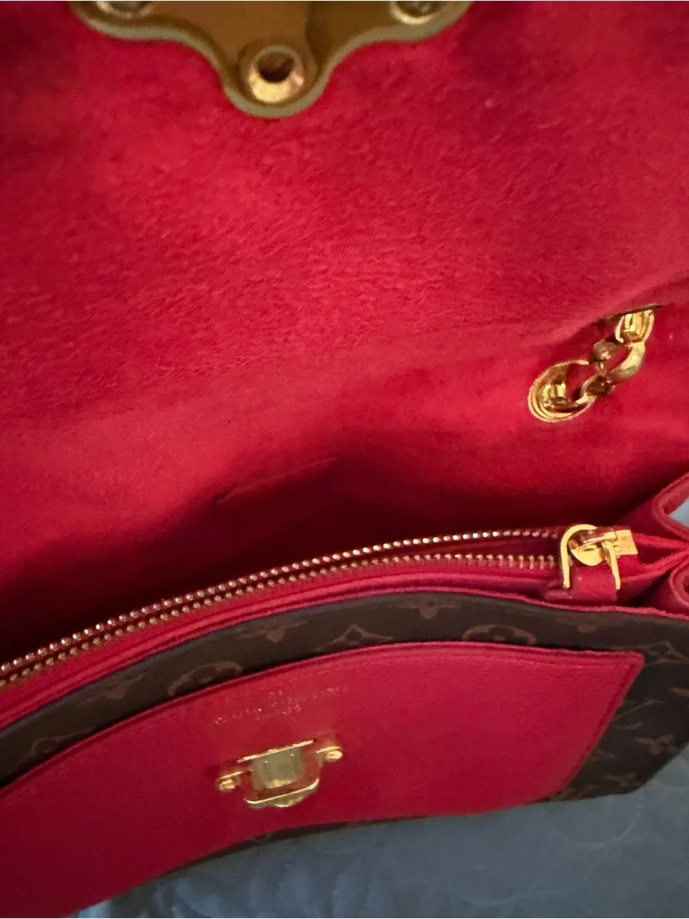 Louis Vuitton Monogram Shoulder Bag with Fuchsia Front Pocket and Gold Chain